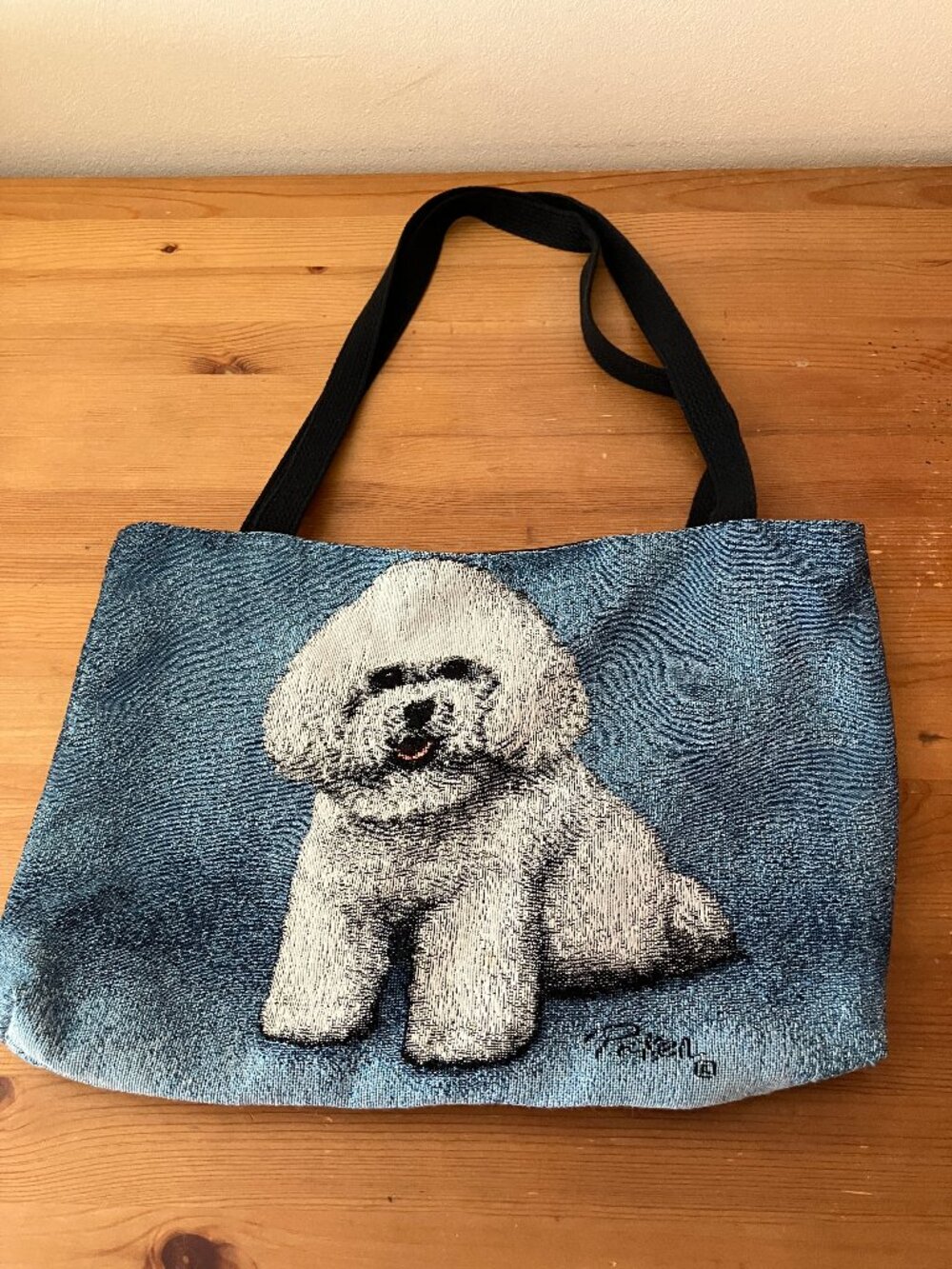 Vintage woven tapestry tote bag Bichon Frise dog artwork by Linda Picken 11x13"